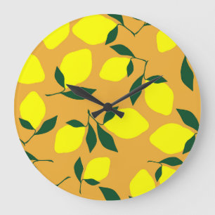 Grande Horloge Ronde Motif citron simple, arrière - plan orange.