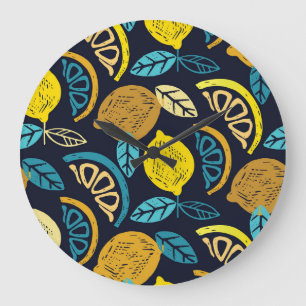 Grande Horloge Ronde Motif Citrus Lemon Doodle Arrière - plan