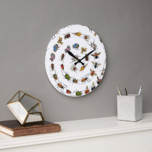 Grande Horloge Ronde Motif coloré de bugs et de coléoptères Vintages