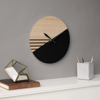 Grande Horloge Ronde Motif Contemporain En Blocs Sur Faux Bois