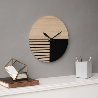 Grande Horloge Ronde Motif Contemporain En Blocs Sur Faux Bois