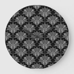 Grande Horloge Ronde Motif damassé élégant noir et blanc