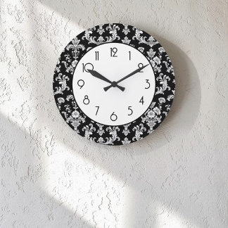 Grande Horloge Ronde Motif damassé noir et blanc victorien