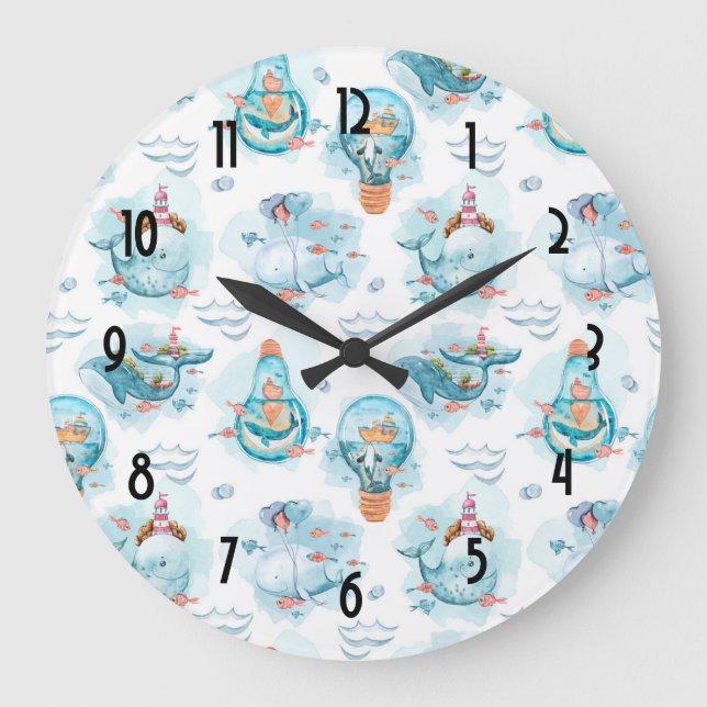 Grande Horloge Ronde Motif d'aquarelle de la belle baleine nautique (Recto)