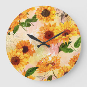 Grande Horloge Ronde Motif d'aquarelle de tournesols jaunes dessinés à 