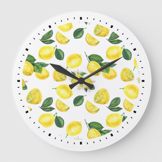 Grande Horloge Ronde Motif d'aquarelle des citrons jaunes (Recto)