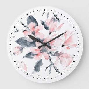 Grande Horloge Ronde Motif d'aquarelle rose et gris