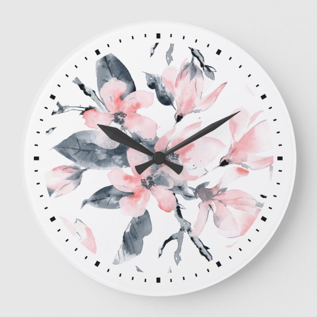Grande Horloge Ronde Motif d'aquarelle rose et gris (Recto)