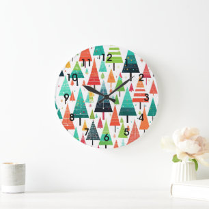 Grande Horloge Ronde Motif d'arbres de Noël colorés