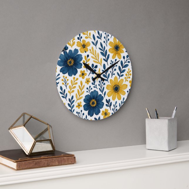 Grande Horloge Ronde Motif d'art floral méditerranéen classique (Bureau)