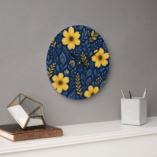 Grande Horloge Ronde Motif d'art floral méditerranéen élégant