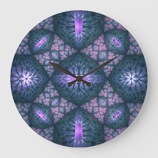 Grande Horloge Ronde motif d'art fractal 3D Turquoise violet rose (Recto)