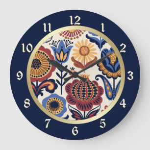Grande Horloge Ronde Motif d'art populaire de fleurs nordiques
