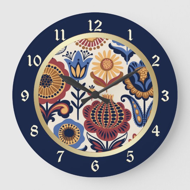 Grande Horloge Ronde Motif d'art populaire de fleurs nordiques (Recto)