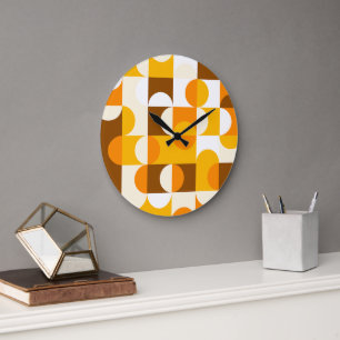 Grande Horloge Ronde Motif d'art rétro orange été jaune marron foncé