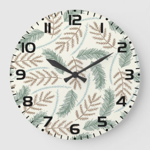 Grande Horloge Ronde Motif de branches persistantes de pin et de cèdre