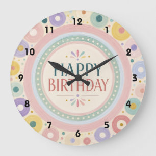 Grande Horloge Ronde Motif de cercle rétro coloré d'anniversaire