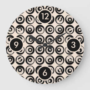 Grande Horloge Ronde Motif de cercles noir et crème du milieu du siècle
