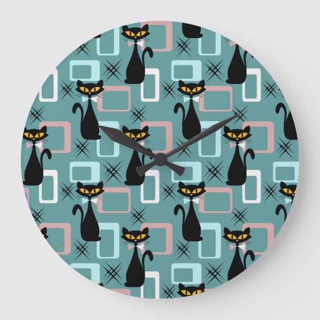 Grande Horloge Ronde Motif de chat noir du milieu du siècle (Recto)