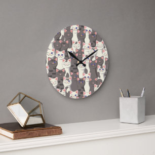 Grande Horloge Ronde Motif de chats blancs et gris