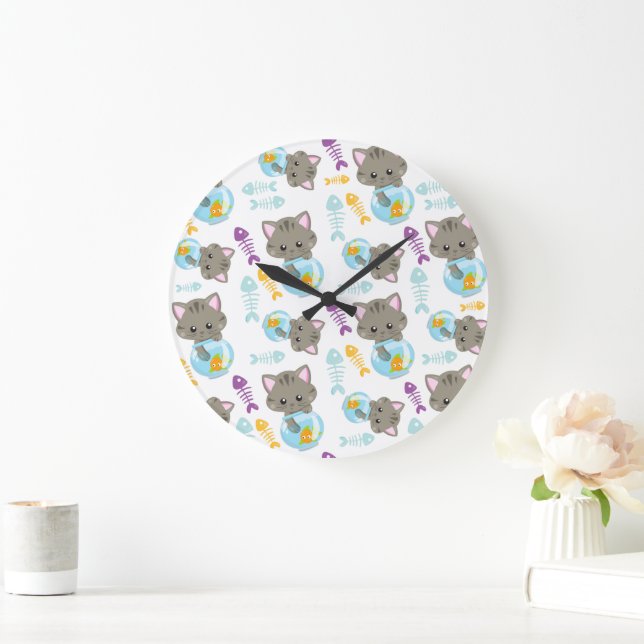 Grande Horloge Ronde Motif De Chats, Chats Mignons, Chatons, Poisson (Maison)