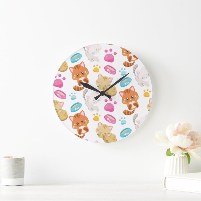 Grande Horloge Ronde Motif De Chats, Chats Mignons, Kitty, Chatons, Paw (Maison)