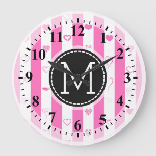 Grande Horloge Ronde Motif de coeur moderne Monogram Pink Stripes