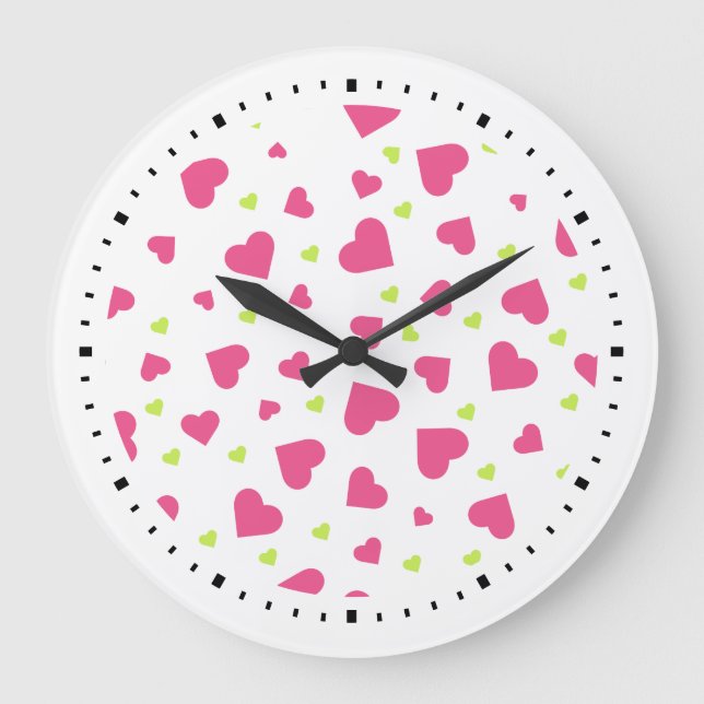 Grande Horloge Ronde Motif de Coeurs Rose et Vert mignon (Recto)
