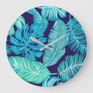 Grande Horloge Ronde Motif de feuilles bleues vertes tropicales