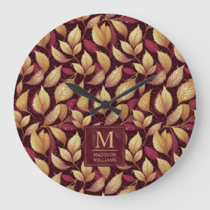 Grande Horloge Ronde Motif de feuilles d'automne pailleté or bordeaux r