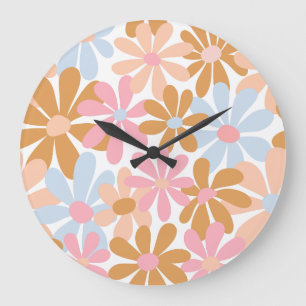Grande Horloge Ronde Motif de fleur de marguerite pastel rétro