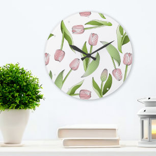 Grande Horloge Ronde Motif de fleur de tulipe rose moderne