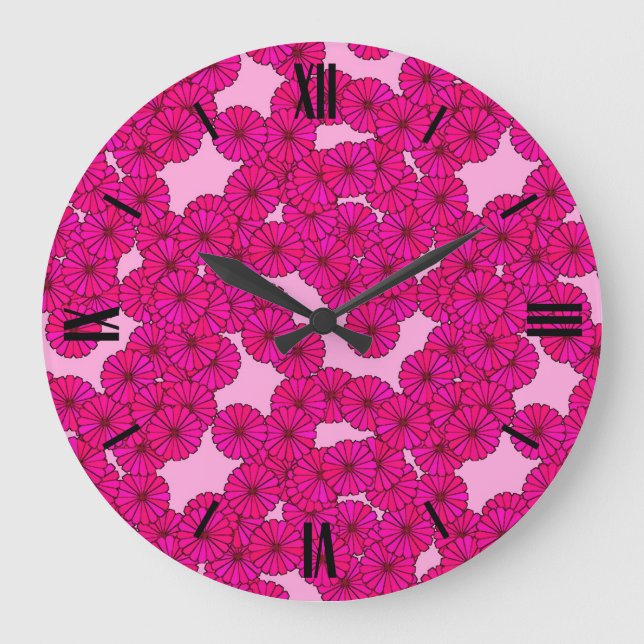 Grande Horloge Ronde Motif de fleurs Art Déco - magenta sur rose (Recto)
