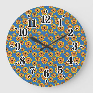 Grande Horloge Ronde Motif de fleurs orange jaune