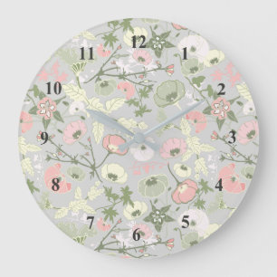 Grande Horloge Ronde Motif de fleurs rose vert gris