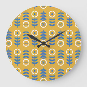 Grande Horloge Ronde Motif de fleurs stylisées scandinave