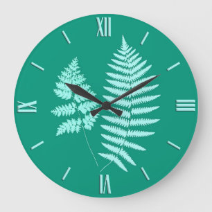 Grande Horloge Ronde Motif de fougères boisées, Turquoise et Aqua