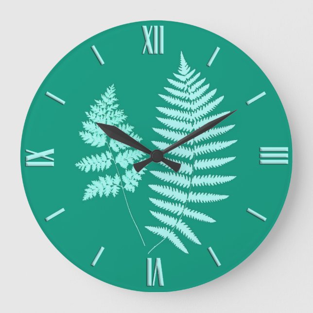 Grande Horloge Ronde Motif de fougères boisées, Turquoise et Aqua (Recto)