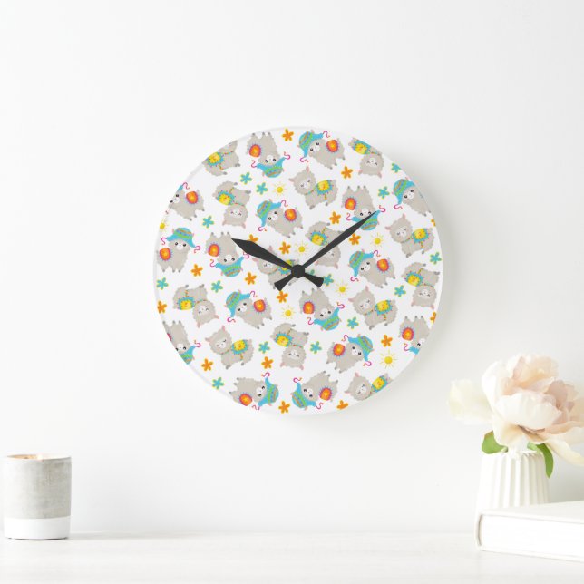 Grande Horloge Ronde Motif De Llamas, Cute Llamas, Alpacas, Fleurs (Maison)