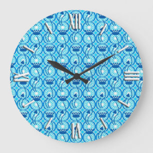 Grande Horloge Ronde Motif de lotus égyptien, cobalt et turquoise