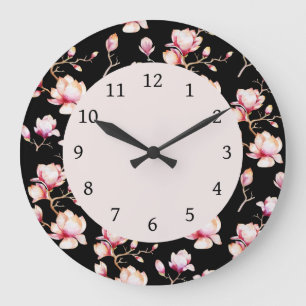 Grande Horloge Ronde Motif de Magnolia rose {choisissez votre couleur} 