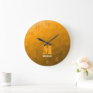 Grande Horloge Ronde Motif de maille géométrique ombré orange Monogramm