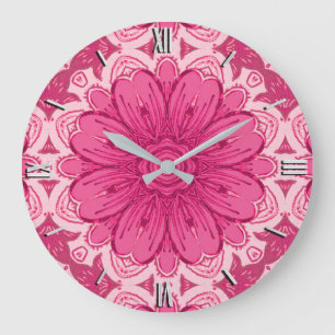 Grande Horloge Ronde Motif de marguerite géométrique en corail et rose 