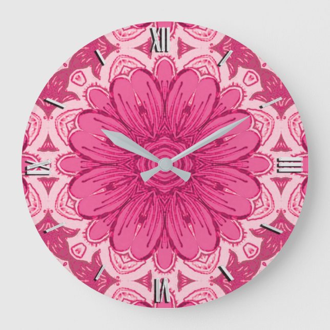 Grande Horloge Ronde Motif de marguerite géométrique en corail et rose  (Recto)