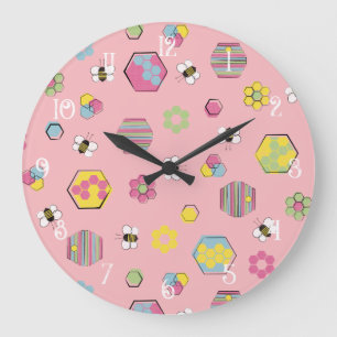 Grande Horloge Ronde Motif de miel rose du milieu du siècle rétro