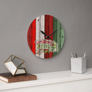 Grande Horloge Ronde Motif de planches de bois patiné vert rouge foncé