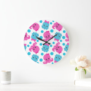 Grande Horloge Ronde Motif de poulpe, poulpe mignonne, Animaux de mer