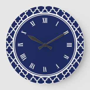 Grande Horloge Ronde Motif de Quatrefoil bleu et blanc de la Marine