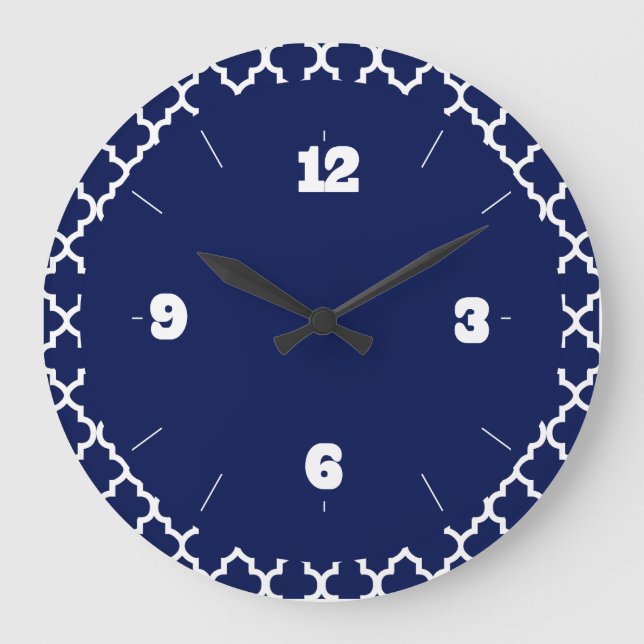 Grande Horloge Ronde Motif de quatrefoil bleu et blanc de la marine (Recto)