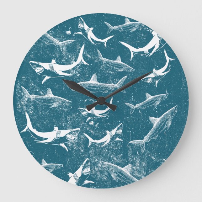 Grande Horloge Ronde Motif de requins bleus en détresse (Recto)